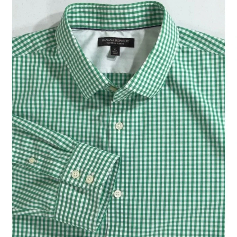Banana‎ Republic Button Up Shirt Green Gingham Non-Iron Slim Fit Cotton READ